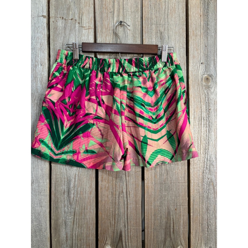 True Freedom Tropical Leaf Print Shorts Pink‎ Green Elastic Waist Summer Size S